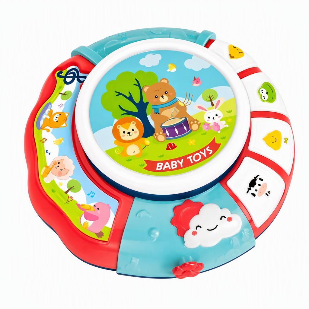 Colorful round baby activity toy with animal illustrations and buttons