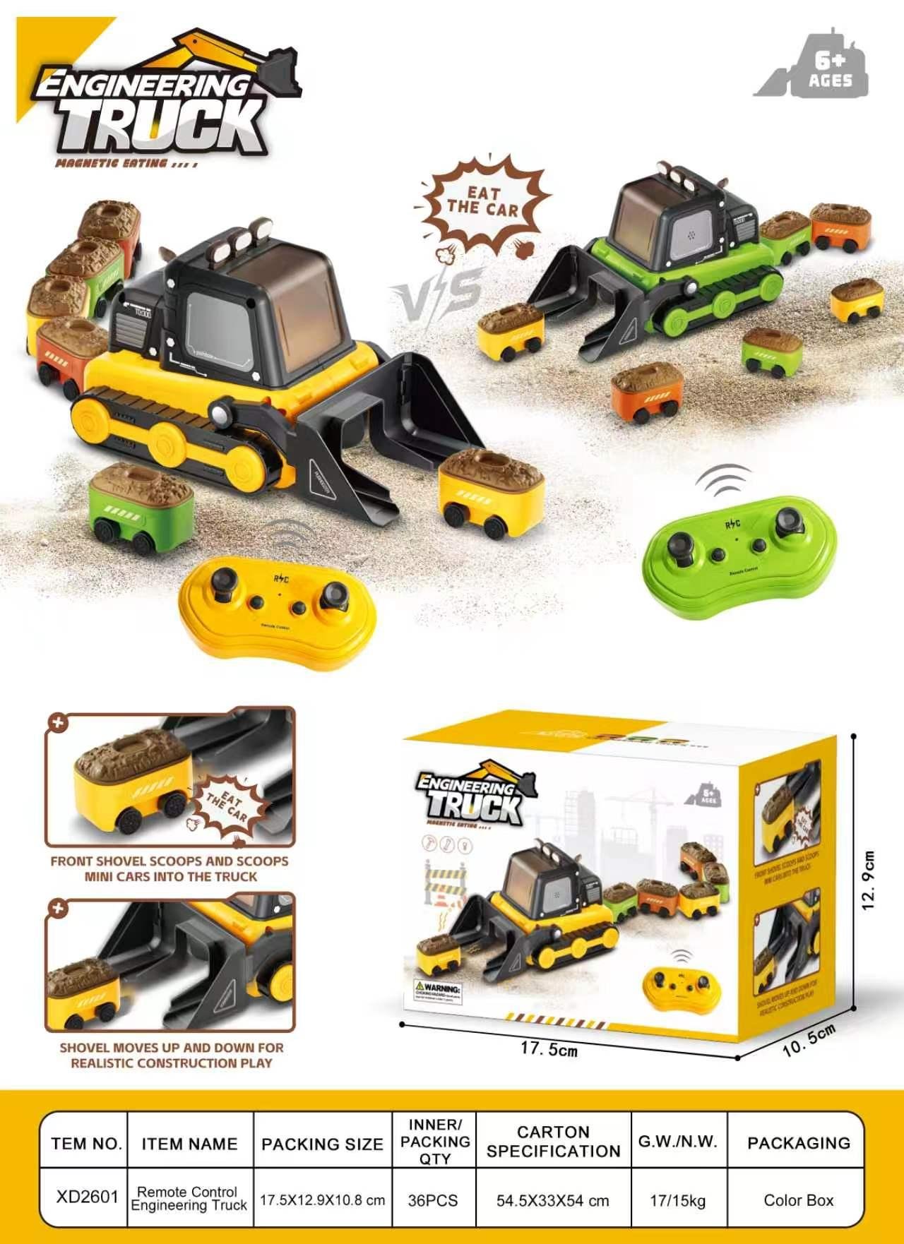 Remote-control engineering truck playset with scoop, mini cars and controller