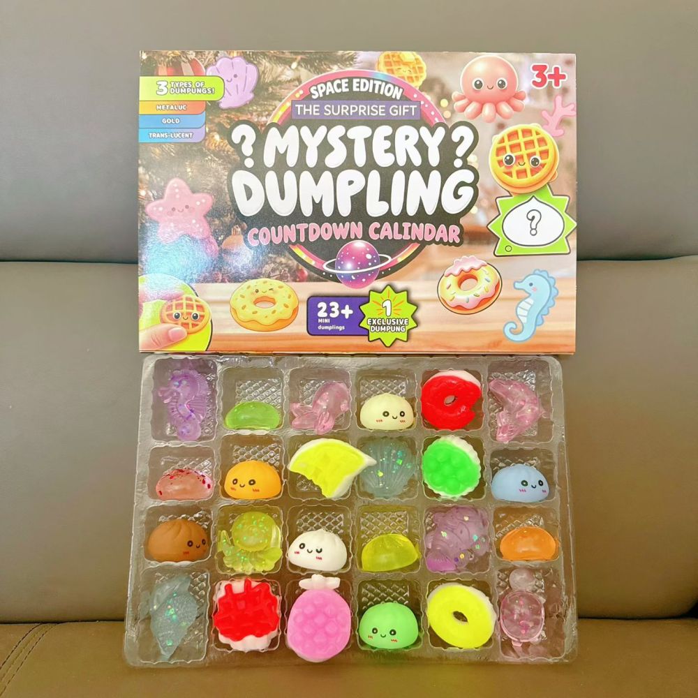Mystery dumpling countdown calendar package with small colorful squishy toys