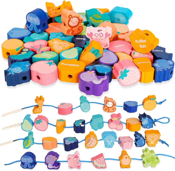 Threading Beads Set with Storage Box Dinosaur Lacing Toy