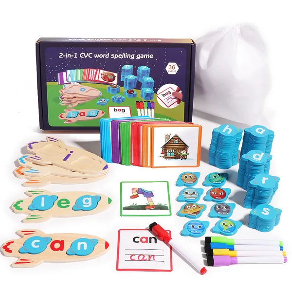 Montessori Educational Wooden CVC Word Writing Spelling Flash Cards